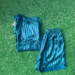 Vintage Teal Satin 2 Piece Pajama Set